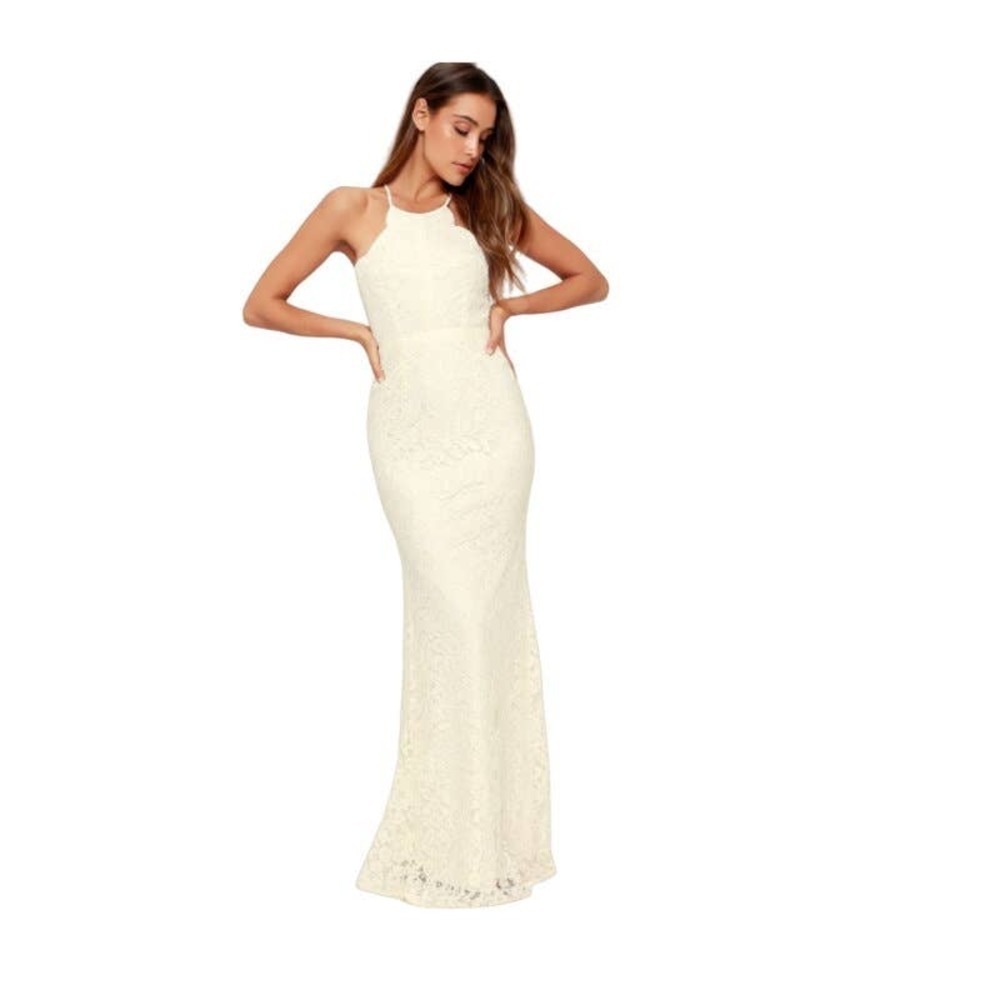 Lulus Womens Zenith ivory white Floral Lace Halter Neck Formal Maxi Dress Large